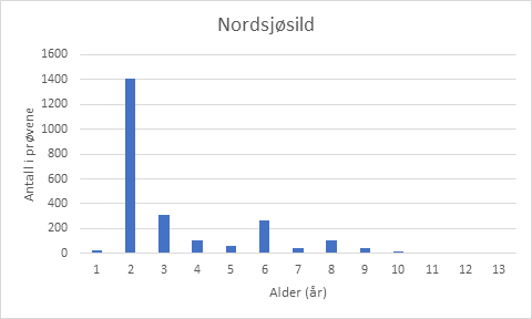Figur 6. Nordsjøsild 2022. Fordeling per alder basert på prøver fra fangstprøvelotteriet.