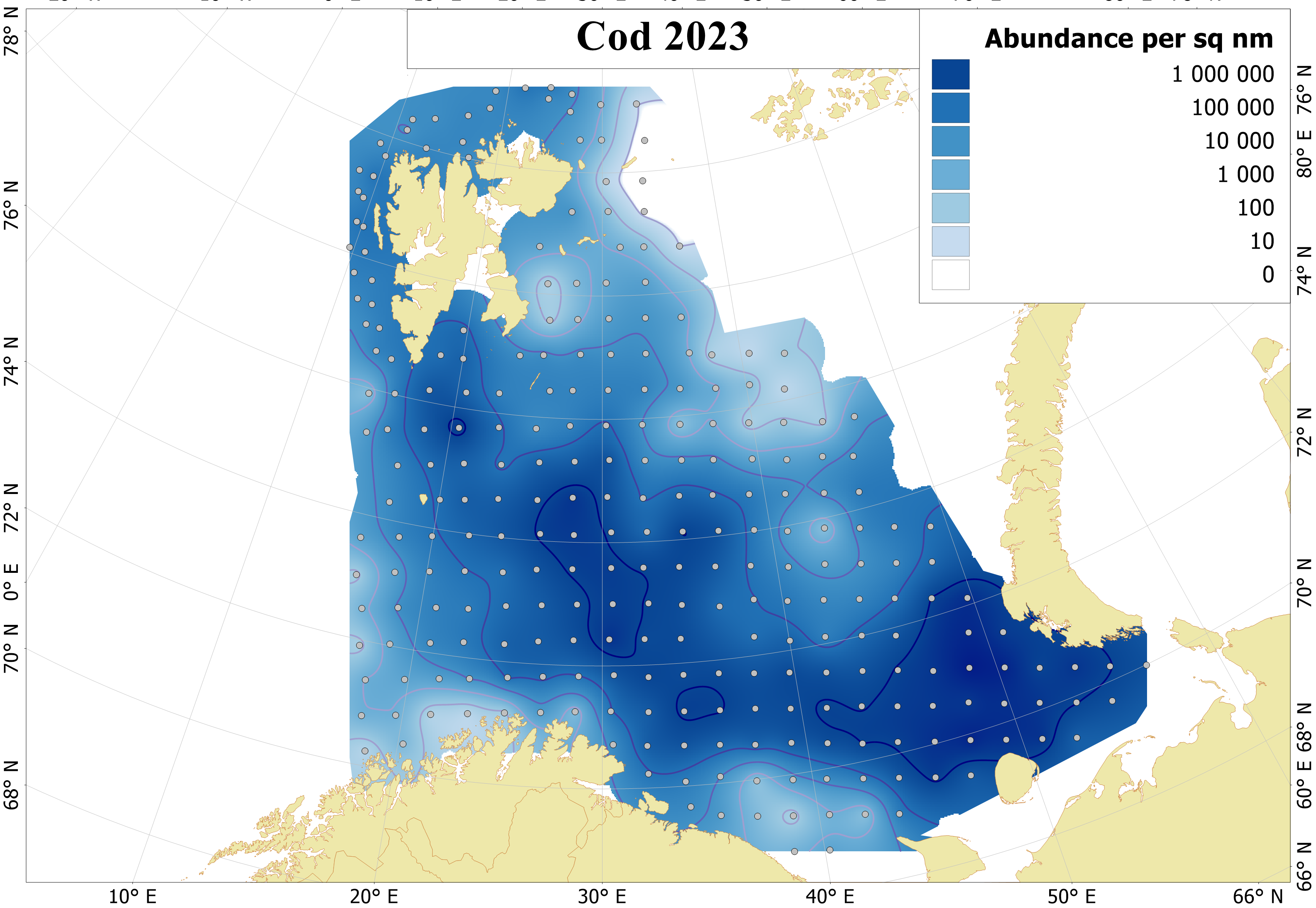 Figure 6.2.1. Distribution of 0-group cod, August-September 2023. Abundance is corrected for capture efficiency (Keff). Dots indicate sampling locations.