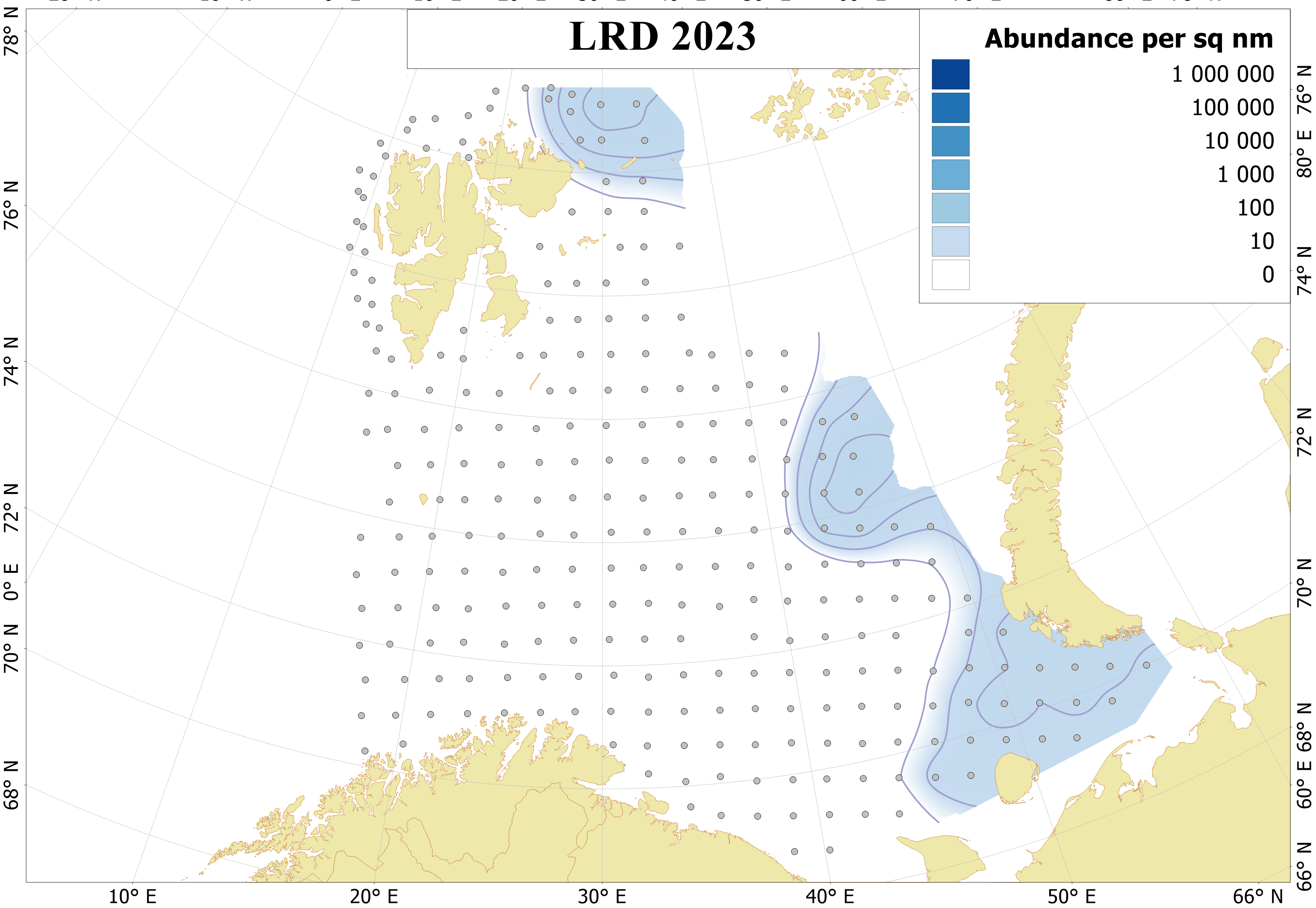 Figure 6.9.1. Distribution of 0-group long rough dab, August-September 2023. Dots indicate sampling locations. Abundance not corrected for capture efficiency.