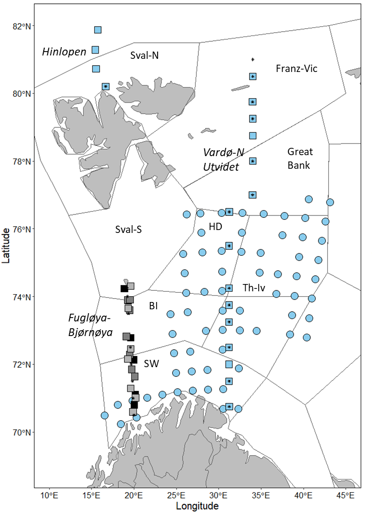 Figure 5.1.1. Map showing stations where phytoplankton samples were collected. Shapes indicate sampling activities at a given station: circle- metabarcoding sample collection, square- microscopy sample collection and analysis, star: algae-net sample collection. 