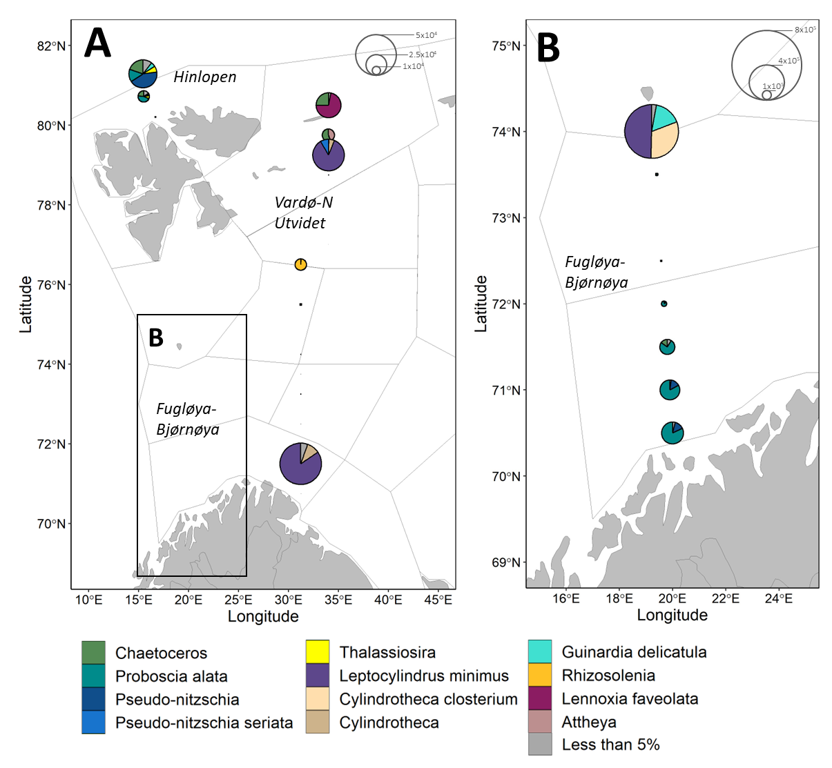 Figure 5.1.3. Maps showing diatom community composition and abundance for samples collected August-October 2023. A) Samples collected along Vardø-Nord and Hinlopen transects. B) Inset from A showing samples collected along Fugløya-Bjørnøya. Divisions within pie charts show taxonomic groups to the highest possible resolution. Pie chart radii scale to cell concentrations in cells per liter based on key. All groups which comprised < 3% of the community are summed.