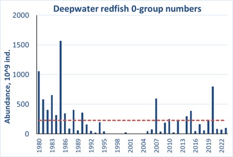 Figure 6.7.2. 0-group deepwater redfish abundance (corrected for trawl efficiency) in the Barents Sea during 1980-2023. Red line shows the long-term average.