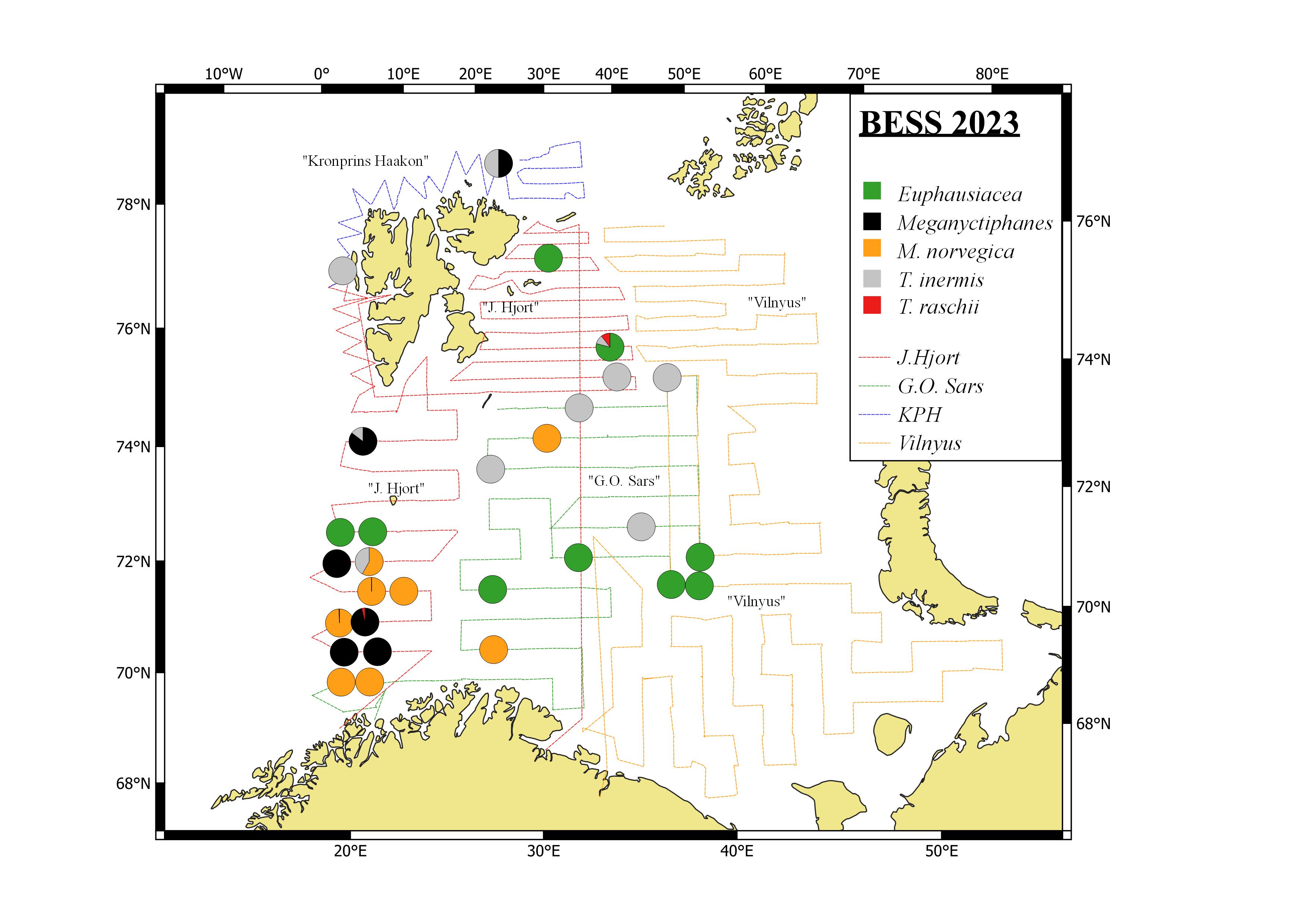 Figure 5.3.1.3. Krill species distribution, based on pelagic trawl catches covering 0-60 m, in the Barents Sea in August-October 2023.