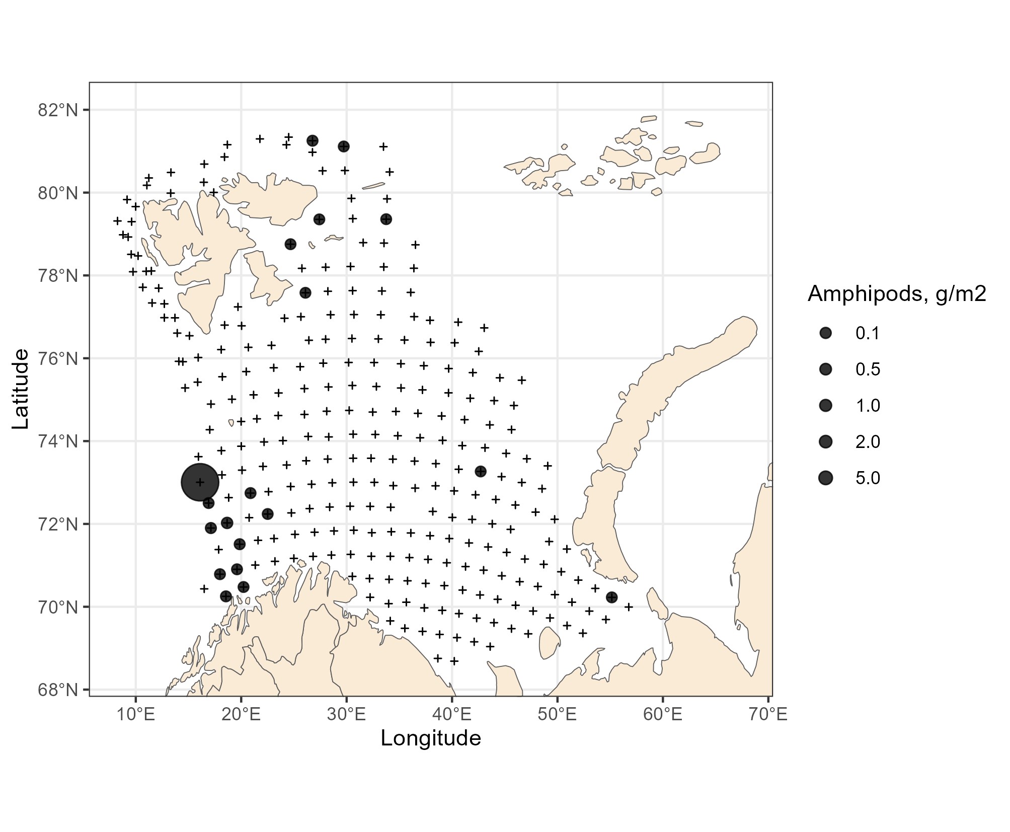 Figure 5.3.2.1. Amphipods distribution, based on trawl stations covering the upper water layers (0-60 m), in the Barents Sea in August-October 2023.