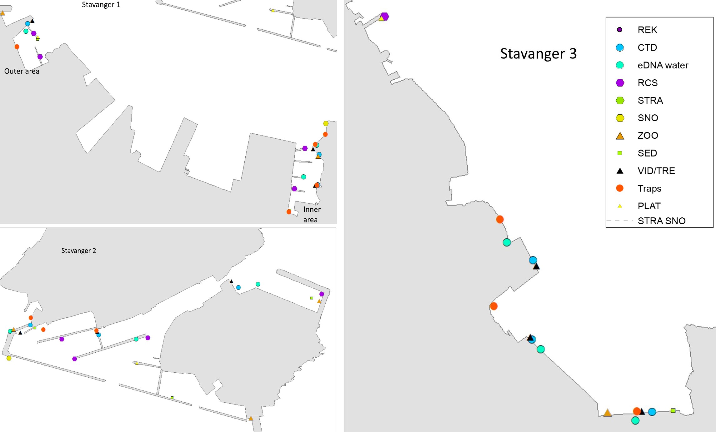 Dette er et kart gir oversikt over stasjoner og metoder brukt i Stavanger havn
