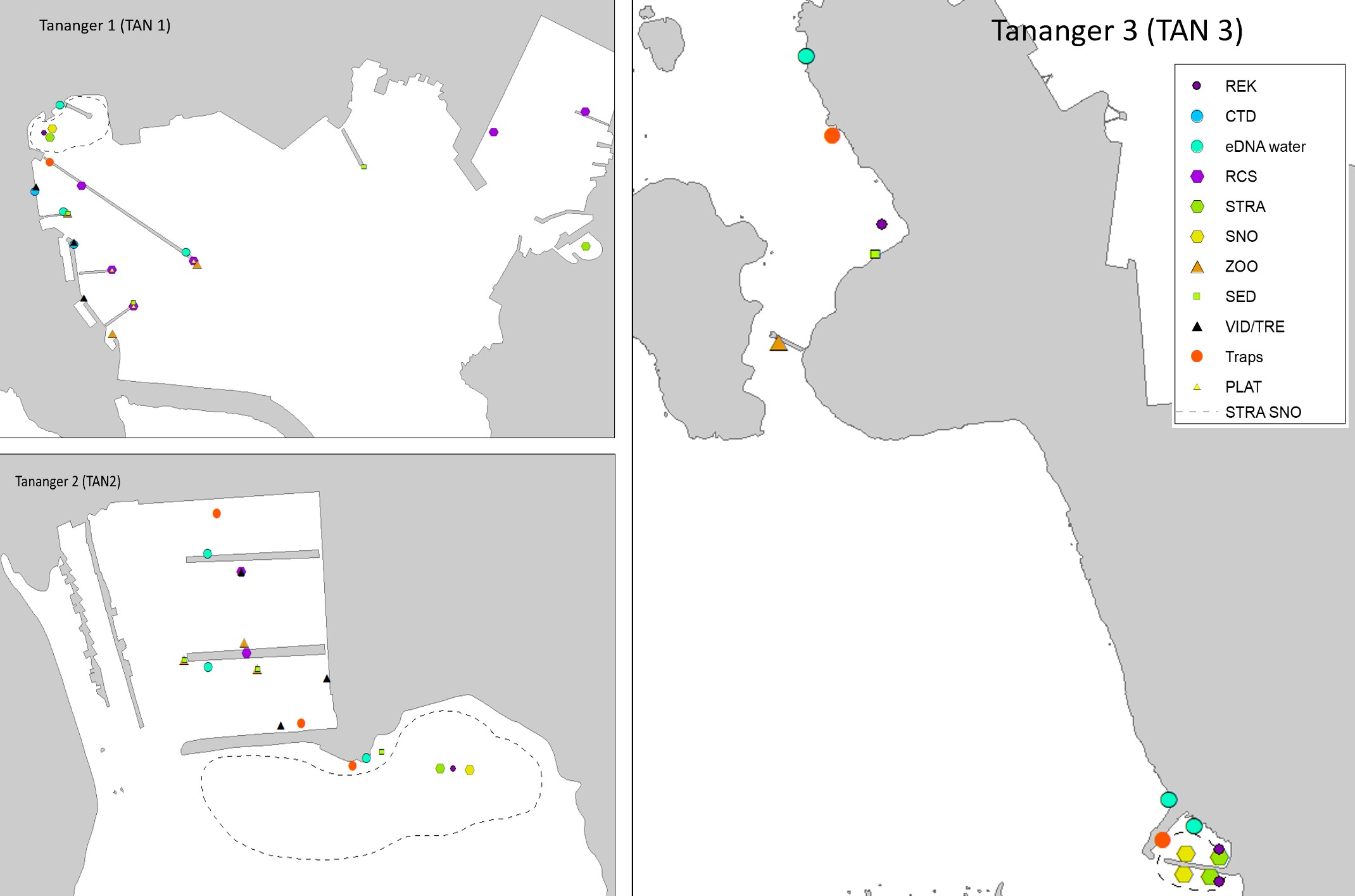 Dette er et kart med oversikt over stasjoner som er undersøkt med ulike metoder i Tananger havn 