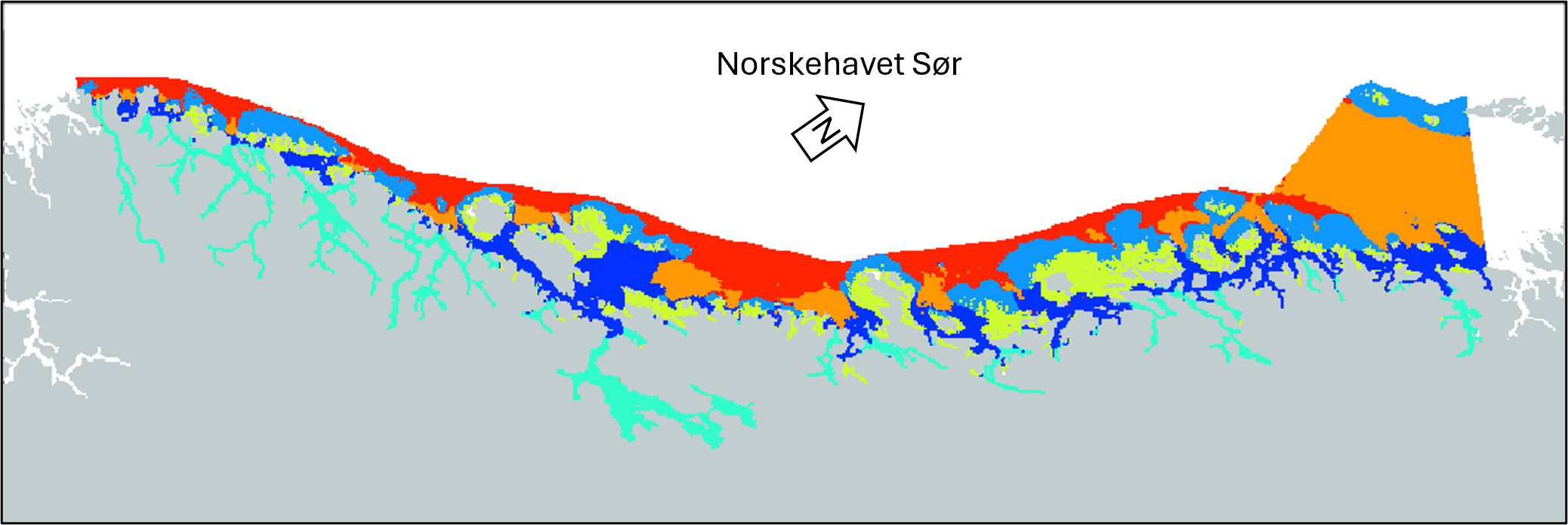 Fargede arealer illustrerer ulike vanntyper langs kysten av økoregion Norskehavet sør