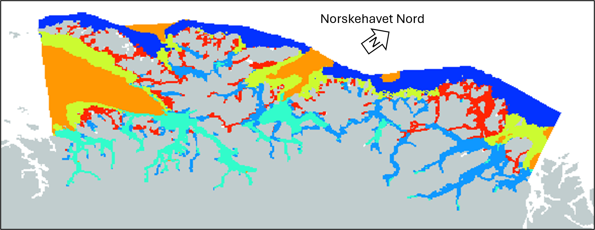 Fargede arealer illustrerer ulike vanntyper langs kysten av økoregion Norskehavet nord.