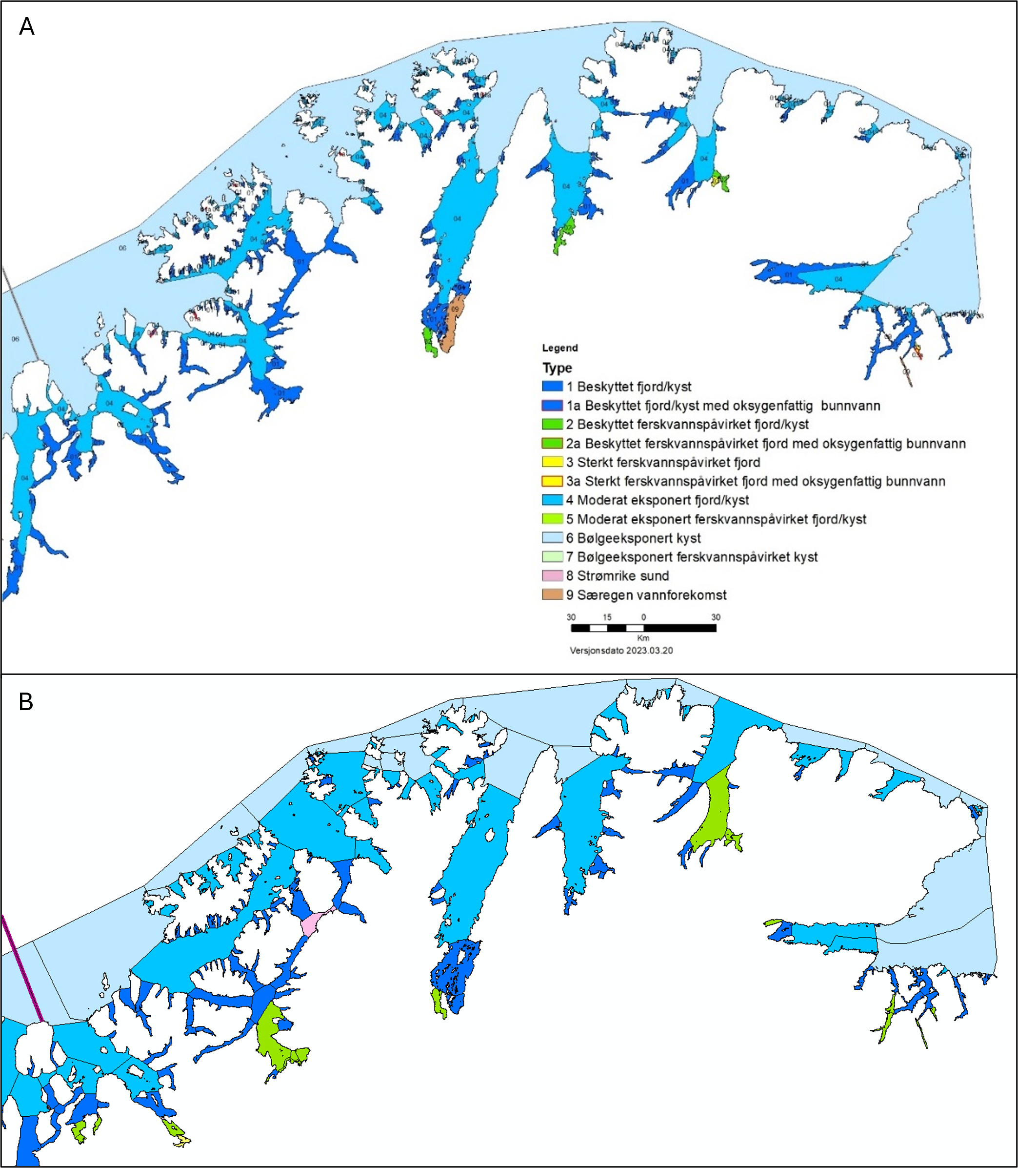 Kart med farger viser geografisk utbredelse av foreslåtte vanntyper i Barentshavet i øvre panel sammenliknet med dagens vanntyper i nedre panel. 