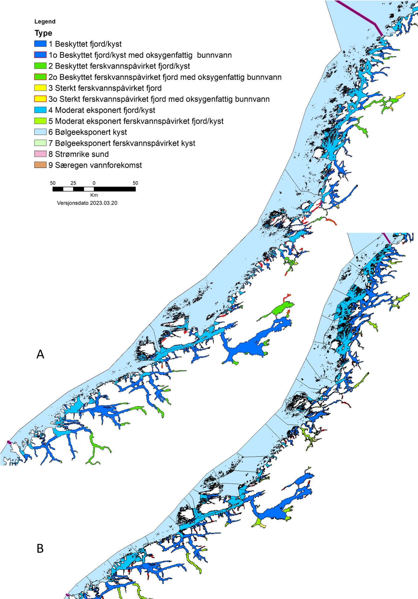 Kart med farger viser geografisk utbredelse av foreslåtte vanntyper Norskehavet sør i øvre panel sammenliknet med dagens vanntyper i nedre panel. 