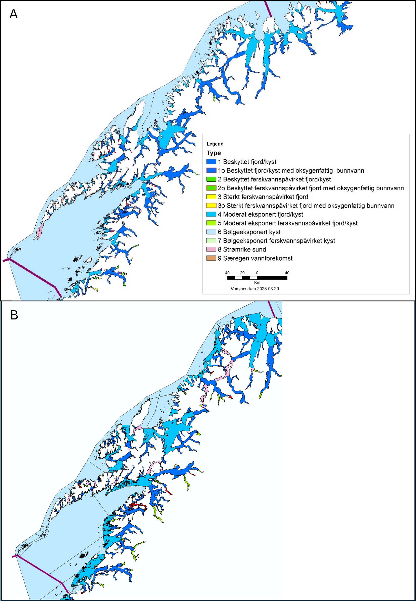 Kart med farger viser geografisk utbredelse av foreslåtte vanntyper i Norskehavet nord i øvre panel sammenliknet med dagens vanntyper i nedre panel. 