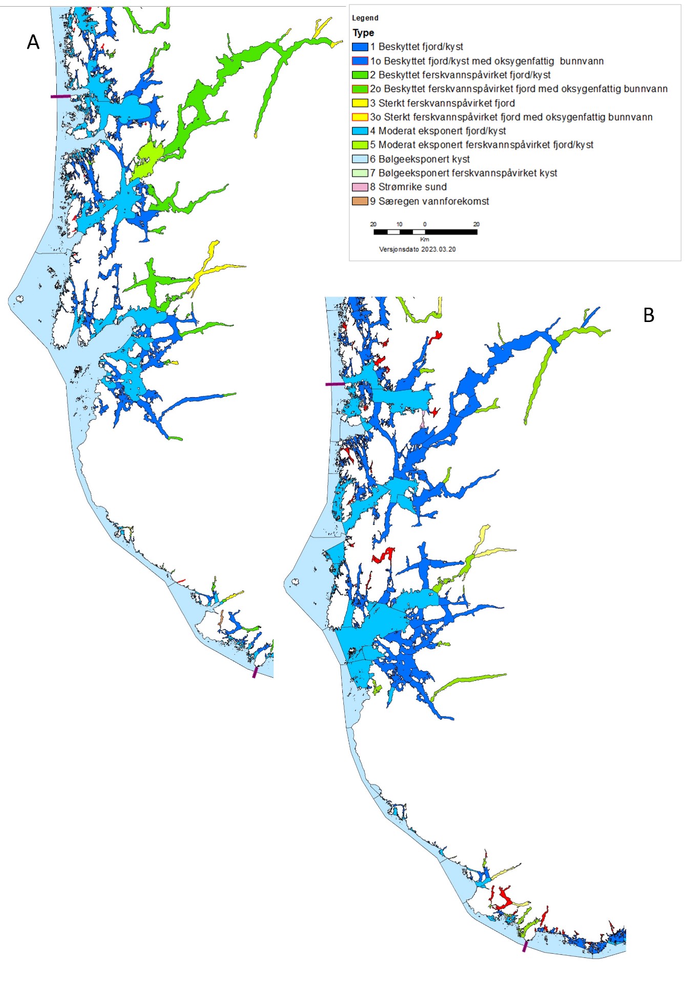 Kart med farger viser geografisk utbredelse av foreslåtte vanntyper i Nordsjøen sør i øvre panel sammenliknet med dagens vanntyper i nedre panel. 