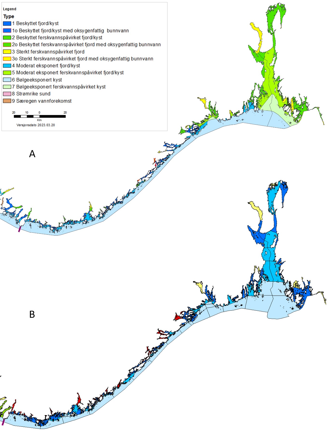 Kart med farger viser geografisk utbredelse av foreslåtte vanntyper i Skagerrak i øvre panel sammenliknet med dagens vanntyper i nedre panel. 