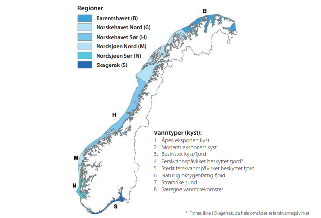 Norgeskart som viser inndeling i økoregioner og vanntyper, hentet fra Vannforskriftens veileder 01-2018.