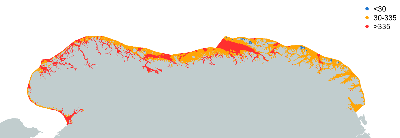 Farger viser geografisk fordeling av vannmasser som er permanent lagdelt (blått), delvis lagdelt (oransje) og permanent mikset (rødt).