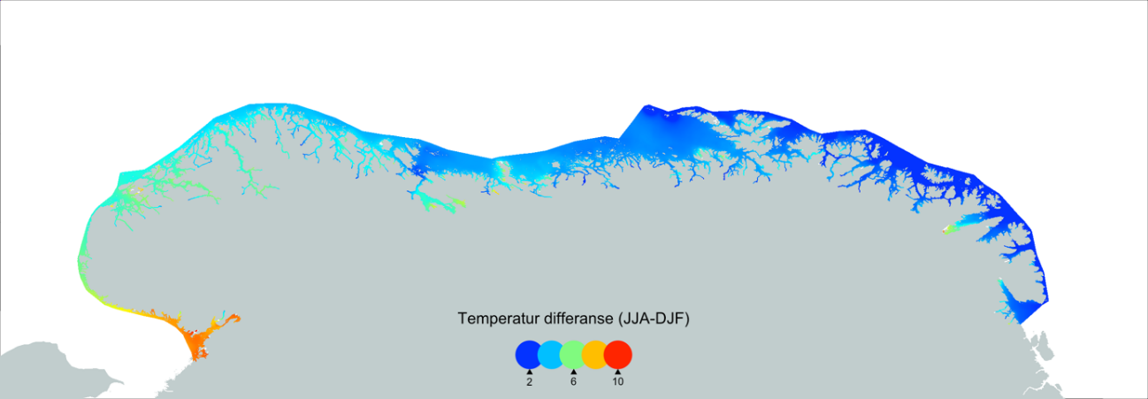 Farger viser modellert temperaturforskjell mellom sommer og vinter i kystvann. Rødt viser stor forskjell. Blått viser liten forskjell.