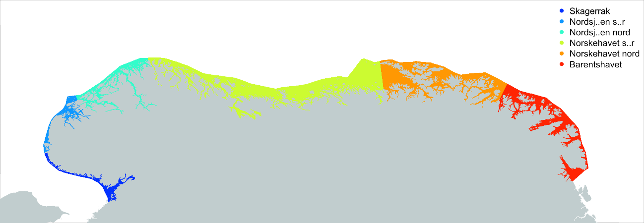 Med farger vises utbredelse av 6 økoregioner for kystvann.