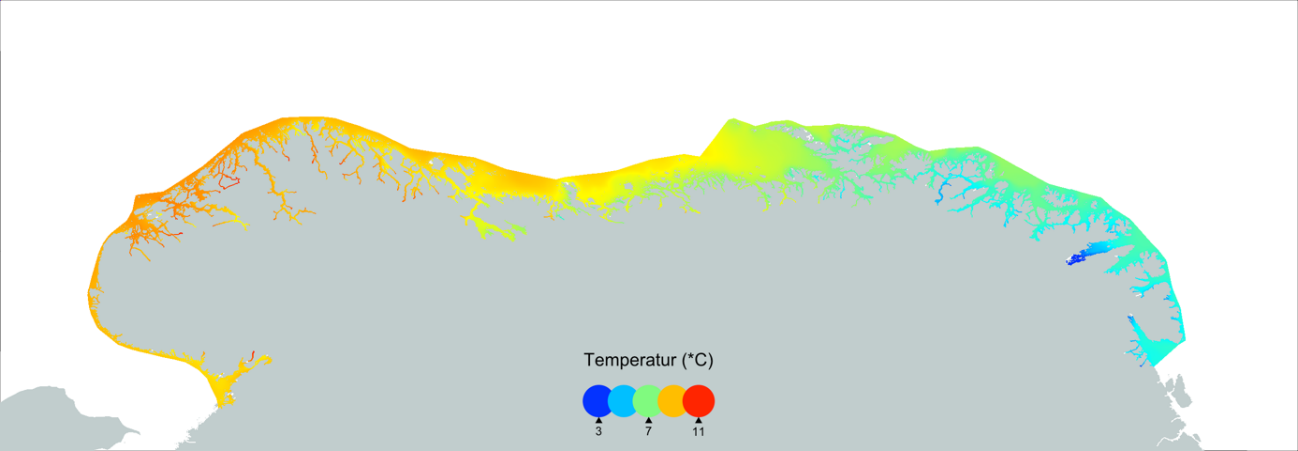 Farger viser modellert gjennomsnittlig temperatur i 0-10 m dyp. 