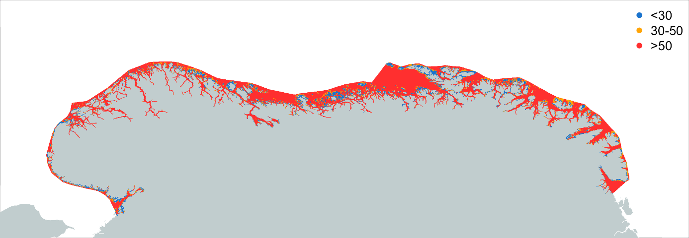 Farger viser geografisk utbredelse av grunne vanndyp <30 m (blått), moderate dyp (oransje) og dype vannmasser >50 m (rødt). 