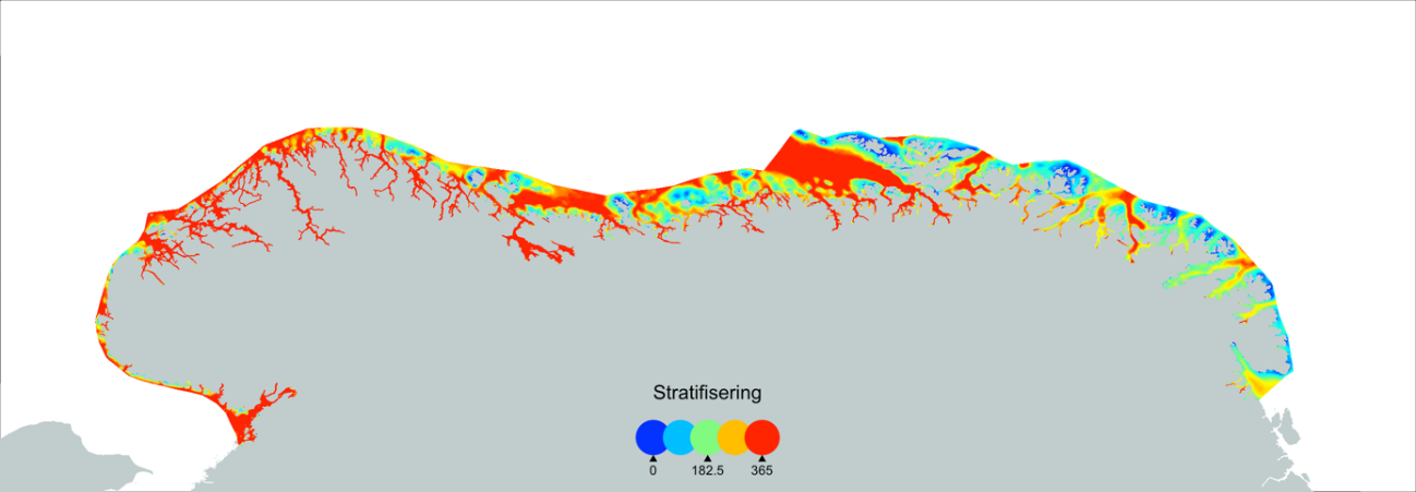 Farger viser geografisk utbredelse av vannmasser som er permanent lagdelt (rødt) til permanent mikset (blått).