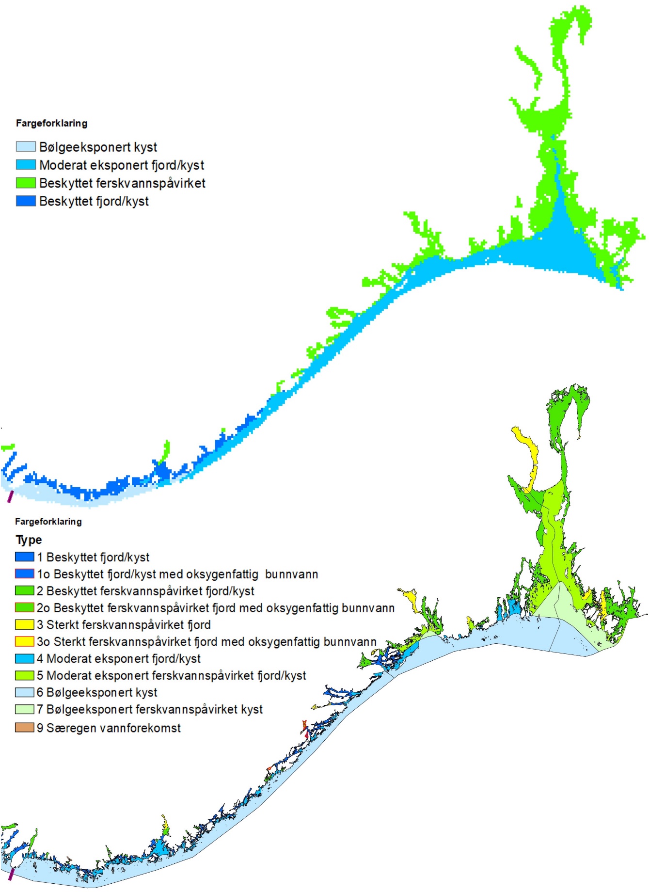 Øvre panel viser modellerte vanntyper i Skagerrak som kan sammenliknes med nedre panel som viser foreslåtte vanntyper.  