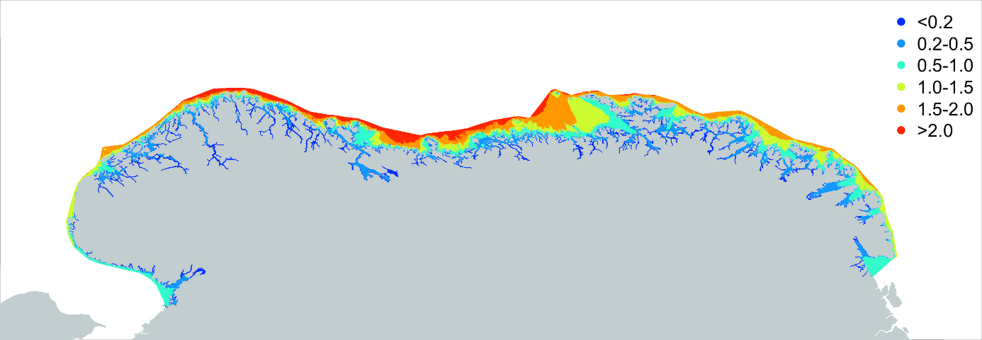 Farger viser geografisk utbredelse av seks bølgeeksponeringsklasser. 