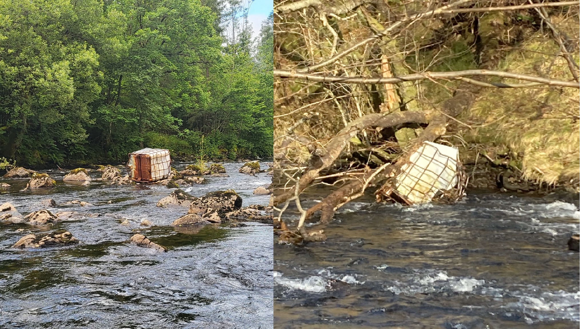 En større dunk som ble funnet i elva ved to ulike anledninger. Foto venstre: Kaja Ch. Andersen-Fjeldheim, Foto Høyre: Anette Aune