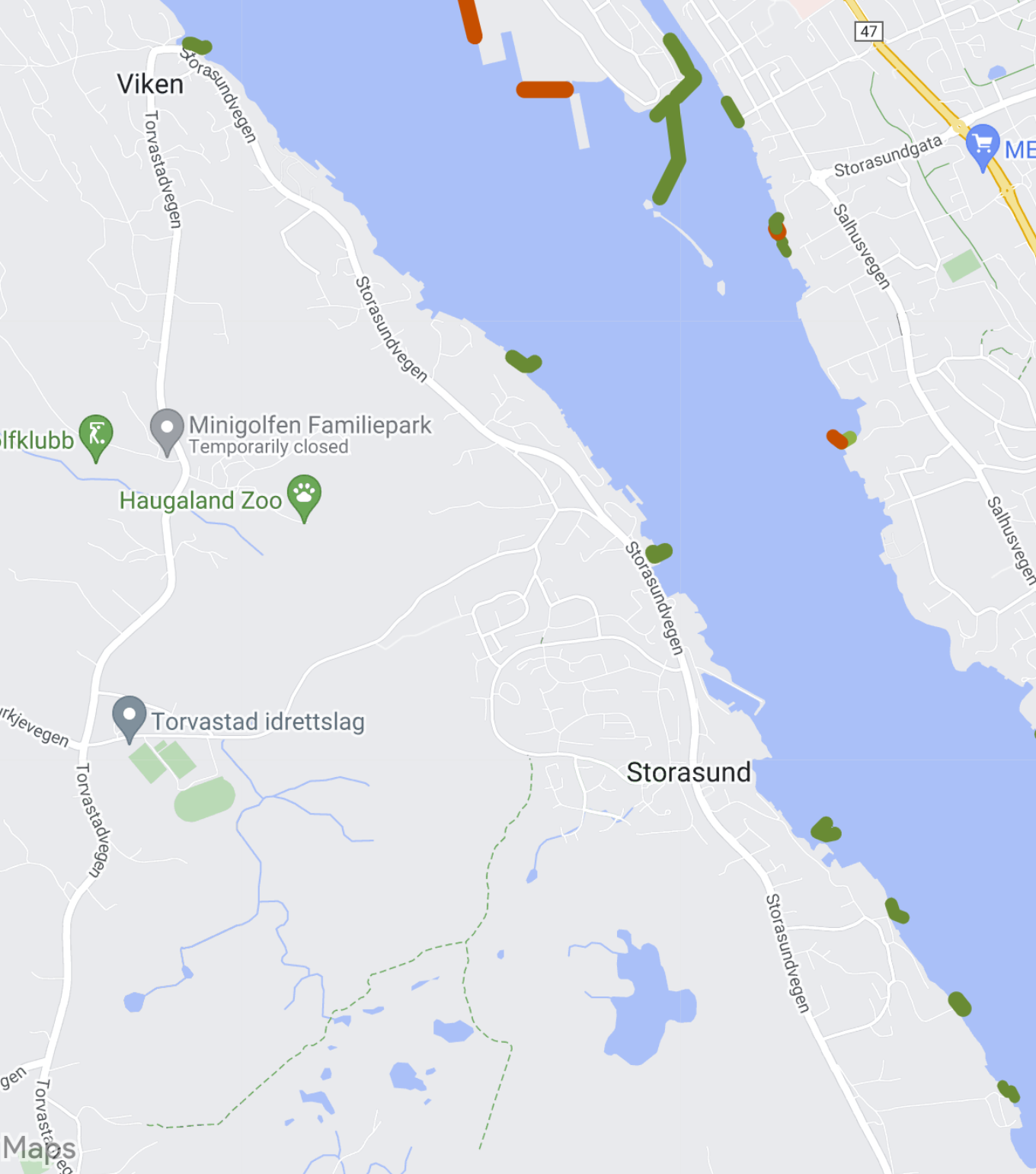 Dette er et kart som viser videotransekter kjørt i Storasund uten funn av havnespy