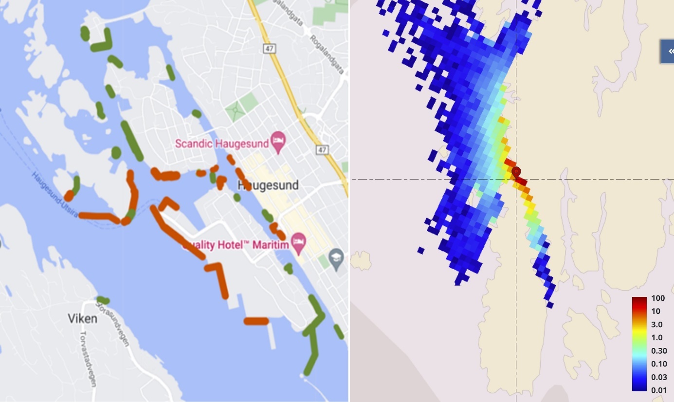 Dette er et kart som viser utdredelsen av havnespy i Haugesund og potensiel spredning av larver fra Garpaskjærskaien