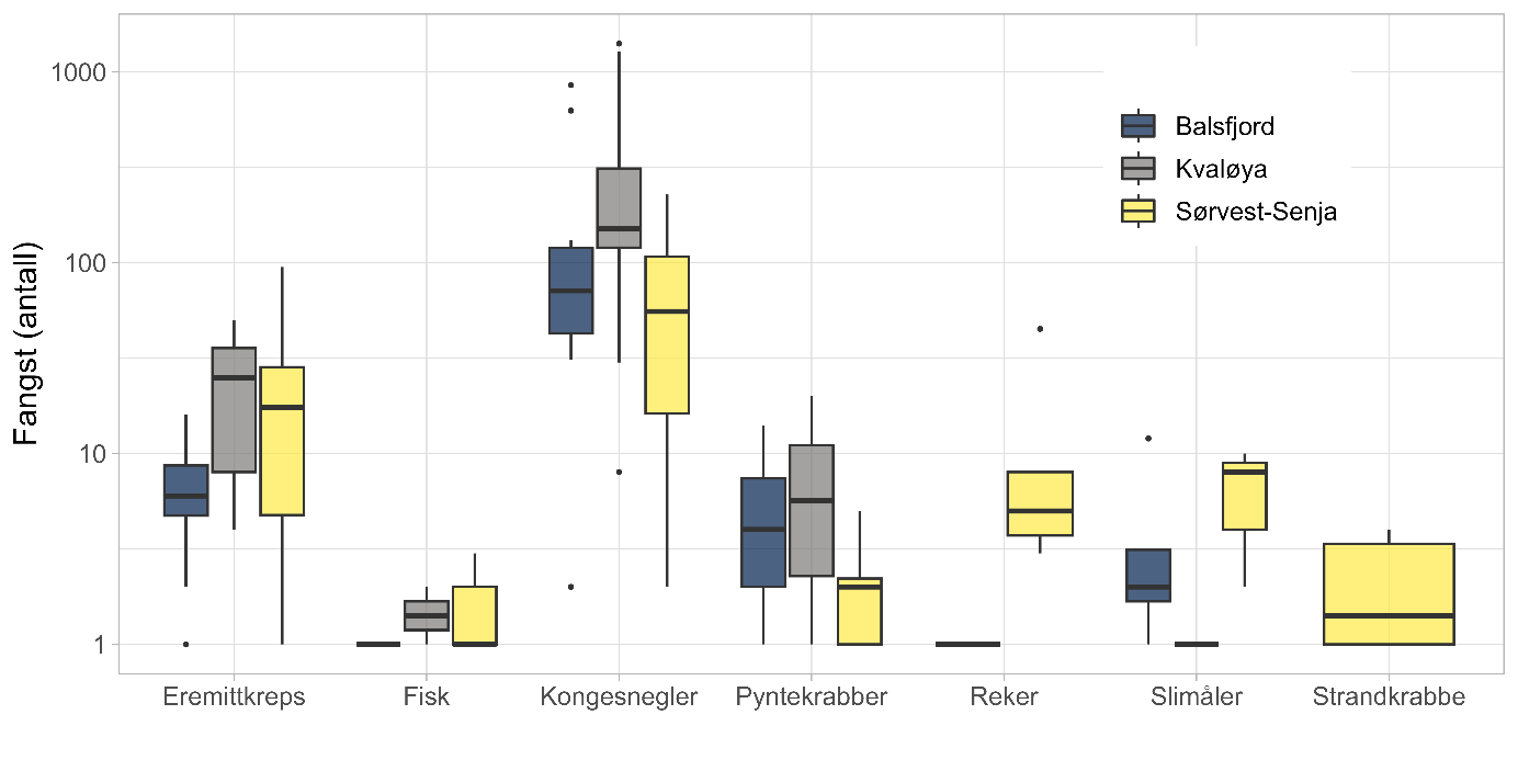 Oversikt over fordelingen av bifangst gitt i antall individer av hver taksonomisk gruppe per stasjon i hvert område, Balsfjord, utsiden av Kvaløya og Sørvest-Senja. Hver boks med respektive linjer indikerer henholdsvis median av observasjonene og 25 % og 75 % percentiler, mens linjene er 1.5 interkvartil spennvidde og punkter outlier utenfor den. 
