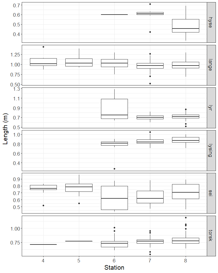 Length of fish in the measured subsamples, by species and station.