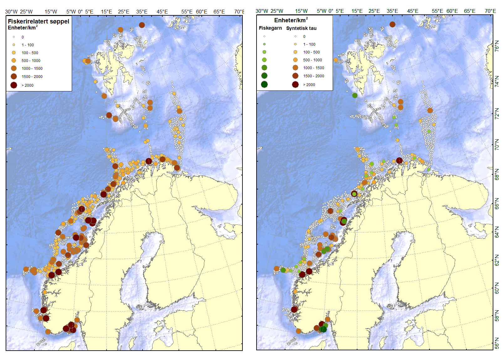 To kart over norskekysten med punkter som viser søppelfunn knyttet til fiskeriaktivitet.