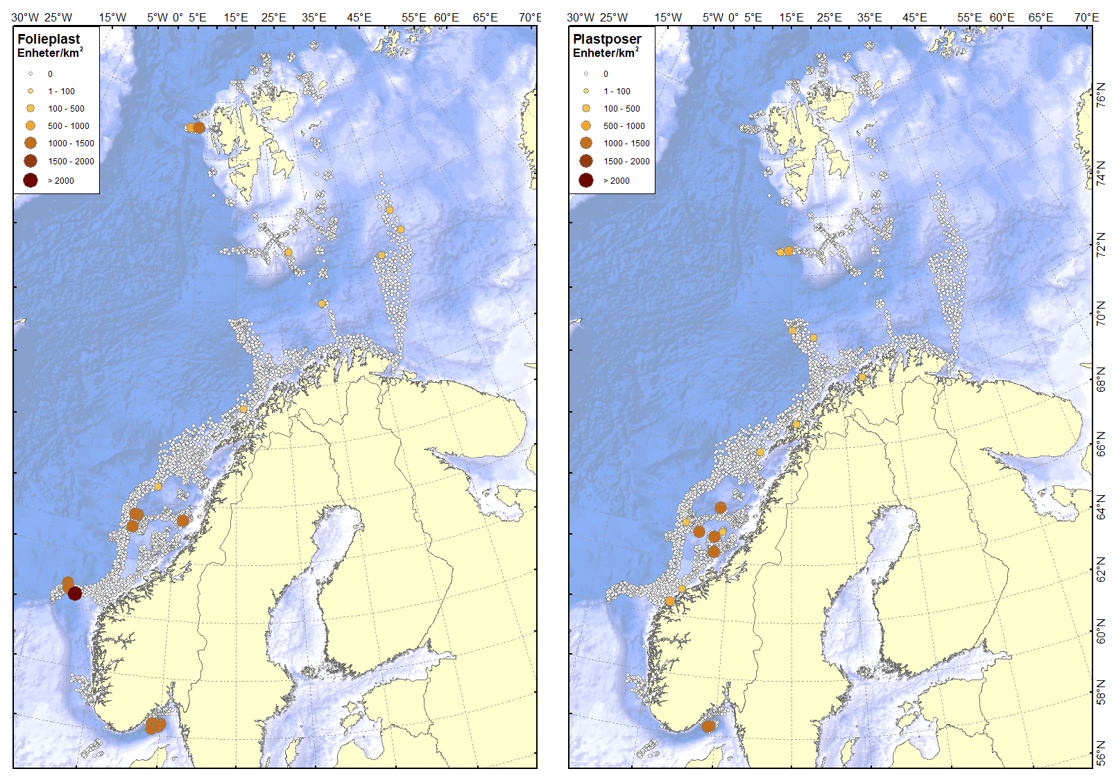 To kart over norskekysten med punkt som markerer plastfunn.