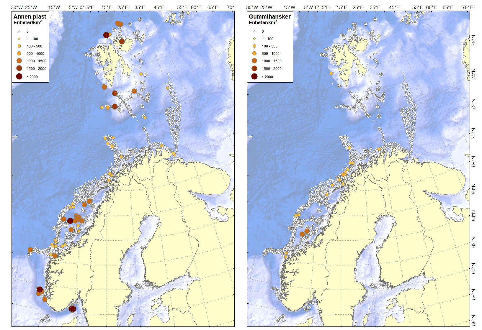 To kart over norskekysten med punkt som markerer hhv plastfunn og funn av gummihansker.