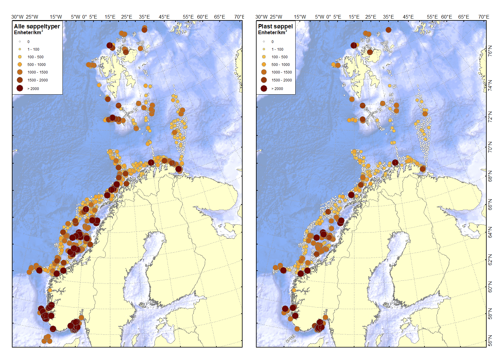 To kart av norskekysten, kart til venstre med punkt som markerer søppelfunn, kart til høyre med punkt som markerer funn av plastsøppel.