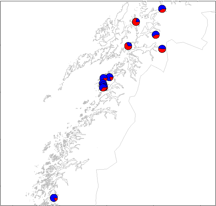 Figur 44 : Resultater fra DNA-analyser av torskeegg fra 2011-2012. Sirklene viser andelen kysttorsk (blå) og skrei (rød).