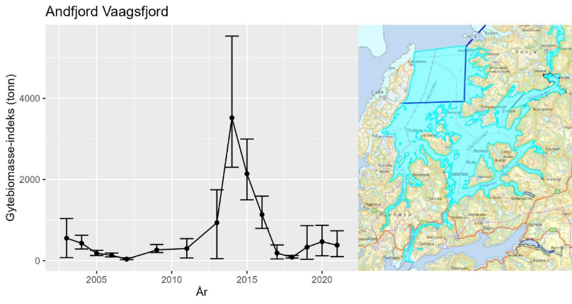 Figur 38 : Bunntrålindeks for gytebiomasse av kysttorsk i stratum Andfjord Vågsfjord fra Havforskningsinstituttets årlige Kysttokt (oktober-november). Data på modning mangler fra 2022 og indeksen vises derfor bare frem til 2021. Feilstablene viser 5 og 95 %-kvantilene, mens punktestimatene er middelverdi over 500 bootstrap-iterasjoner i estimeringsprosessen. Kartet til høyre viser området som inngår i stratum Andfjord Vågsfjord.