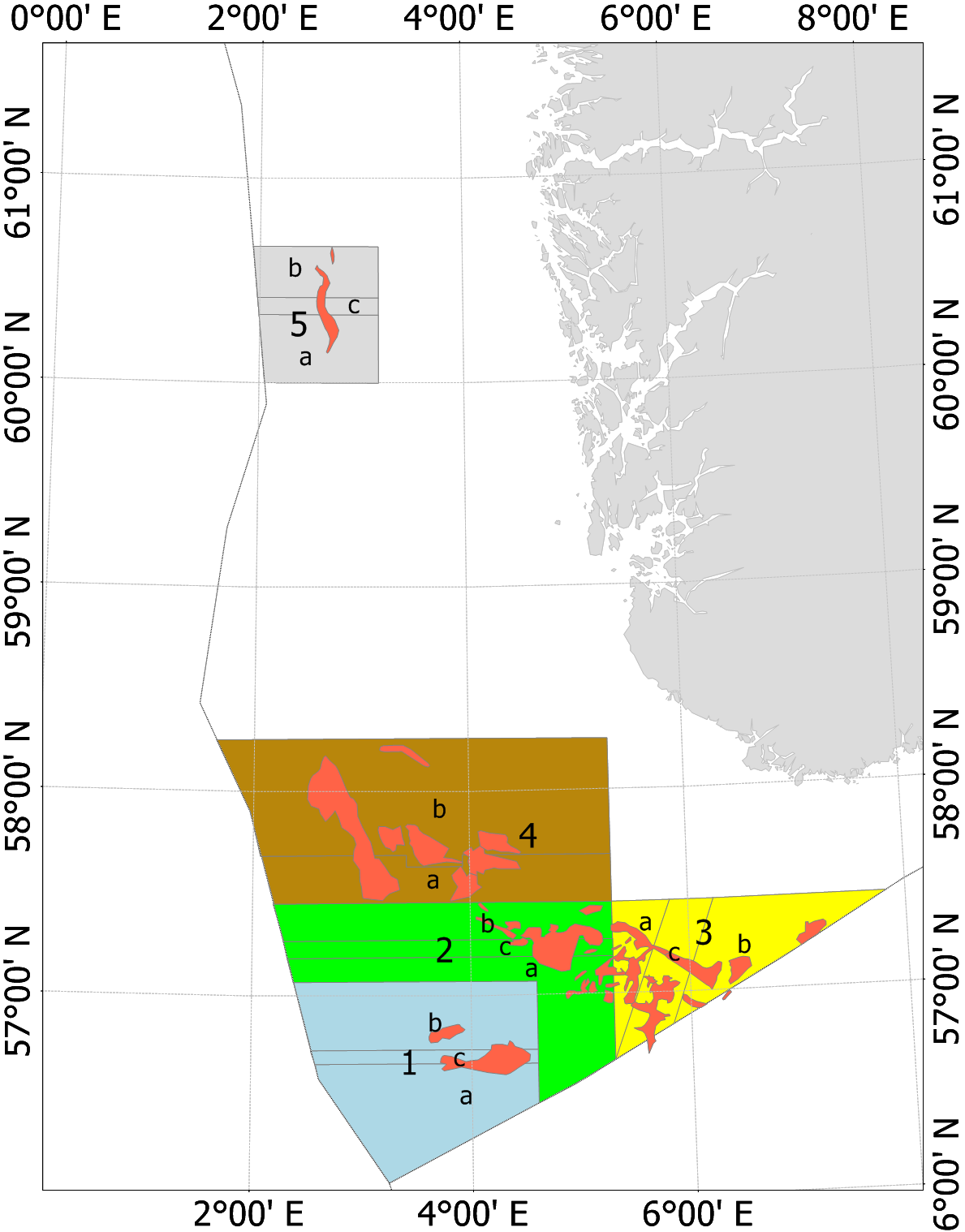 Map of the five Norwegian management areas in the North Sea for the period 2020-2023. Historically important fishing grounds are depicted in light grey.