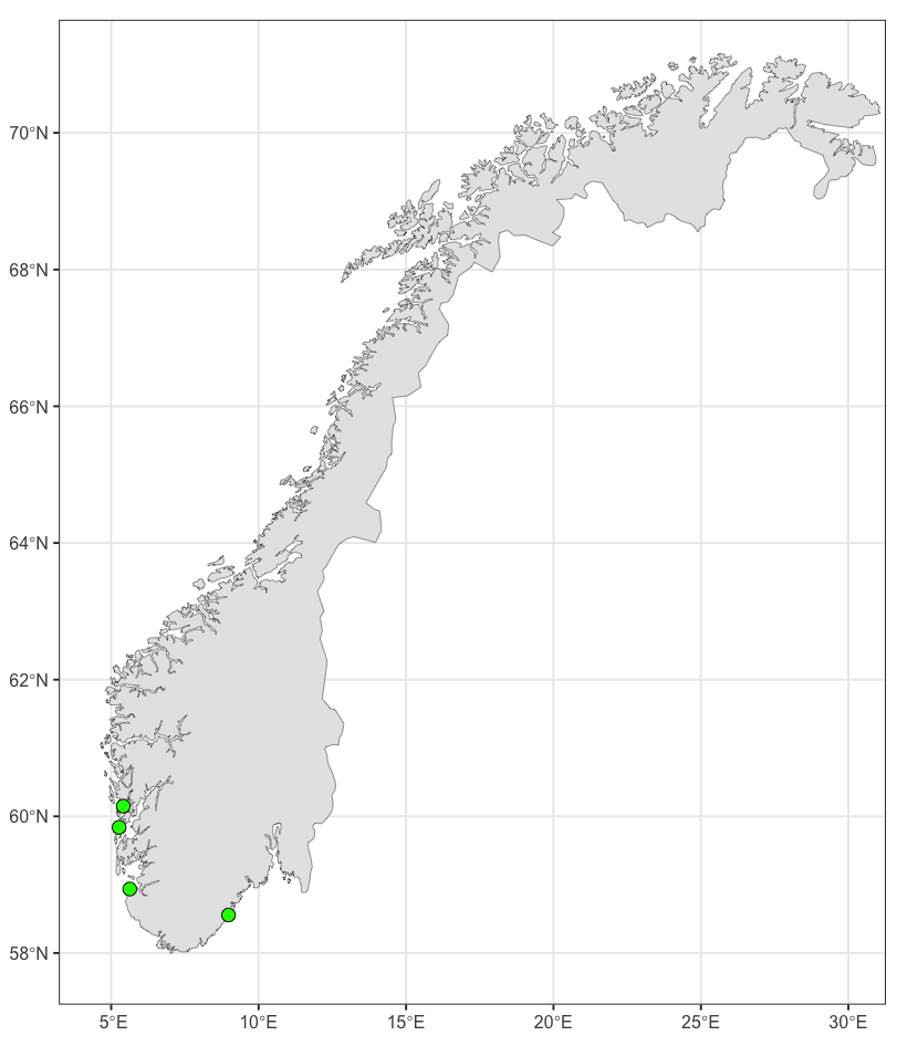Map of Norway with the sampling sites for oysters in 2023