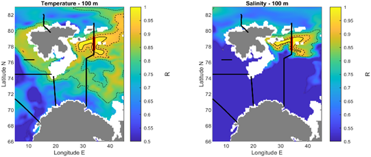 Figure 25. Maps of correlation coefficients between annual mean temperature at 100 m depth in the northern part of the Vardø-Nord transect (as indicated in red) and all surrounding model grid points. Dashed lines indicated the 0.95, 0.9 and 0.85 correlation (R) contours. Black lines indicate the locations of fixed CTD transects. Plots are generated using TOPAZ Arctic Ocean Physics Reanalysis.