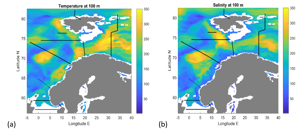 Figure 23: Correlation maps of annual mean (1991-2021) TOPAZ (a) temperature and (b) salinity at 100 m depth, showing the size of the area around each grip point, at which the time series are correlated with an R value of more than 0.95. Units are km2.