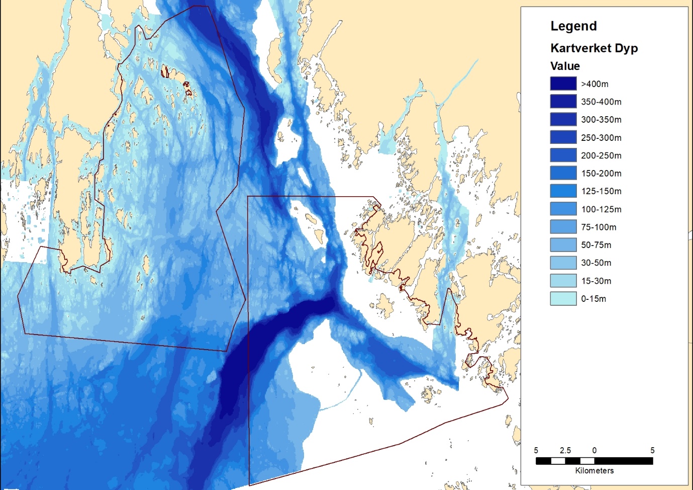 Figuren viser et kart over Ytre Oslofjord hvor dybdene er vist som sjatteringer i blått, med de mørkeste fargene for de dypeste områdene
