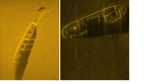 Sonarbilder fra undervannsfarkosten Munin.  Bildene viser havbunnen og vrakene av to ulike skip. 