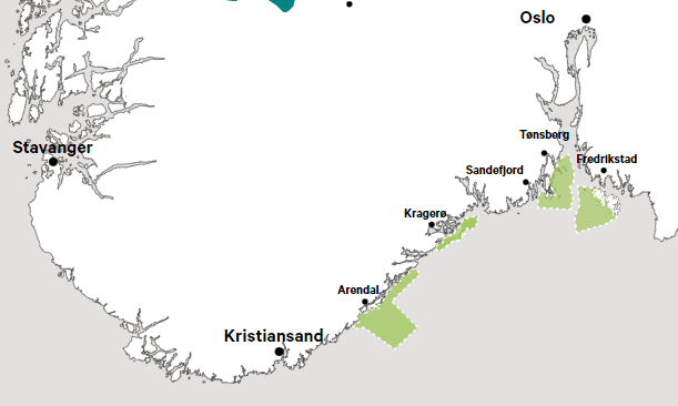 Figuren viser kart over sør-Norge og den geografiske plasseringen av de fire marine nasjonalparkene