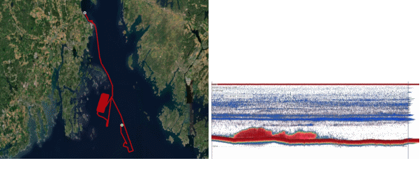 Figuren viser to bilder. Bildet til venstre er et kart over ytre Oslofjord hvor traseen som "Frigg" fulgte er vist med rød markering. Figuren til høyre viser ekkogram fra området. 