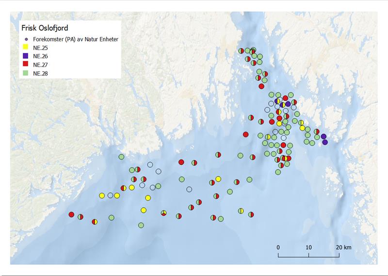 Figuren viser et kart over ytre Oslofjord hvor undersøkte stsjoner er gitt en fargekode etter hvilken naturtype som er registrert der.
