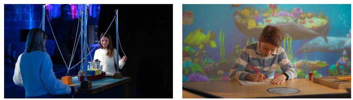 Figuren viser to bilder fra temautstillingen "Dypdykk". Bildet til venstre viser to elever som utforsker en modell av lasteskip, og bildet til høyre viser en elev som fargelegger en tegning.