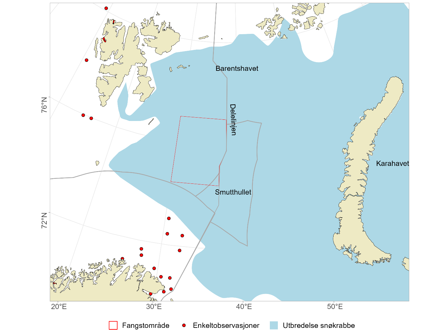 Bildet viser en kartskisse over Barentshavet med Svalbard og Finnmark på venstre av bildet, og russiske Franz Josef land og Novaya Zemlya på høyre side. Blått felt viser utbredelse av snøkrabbe, røde prikker viser enkeltobservasjoner og innfelt i rødt er fangst- og toktområde. Fangstområdet er markert omtrent midt i bildet, vest for delelinjen som går tvers over bidet, og smutthullet ligger øst for delelinjen.