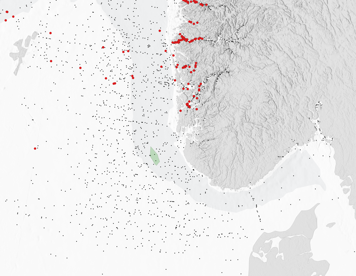 Kart over kysten utenfor Sørvest-Norge hvor fangster av postsmolt er markert.