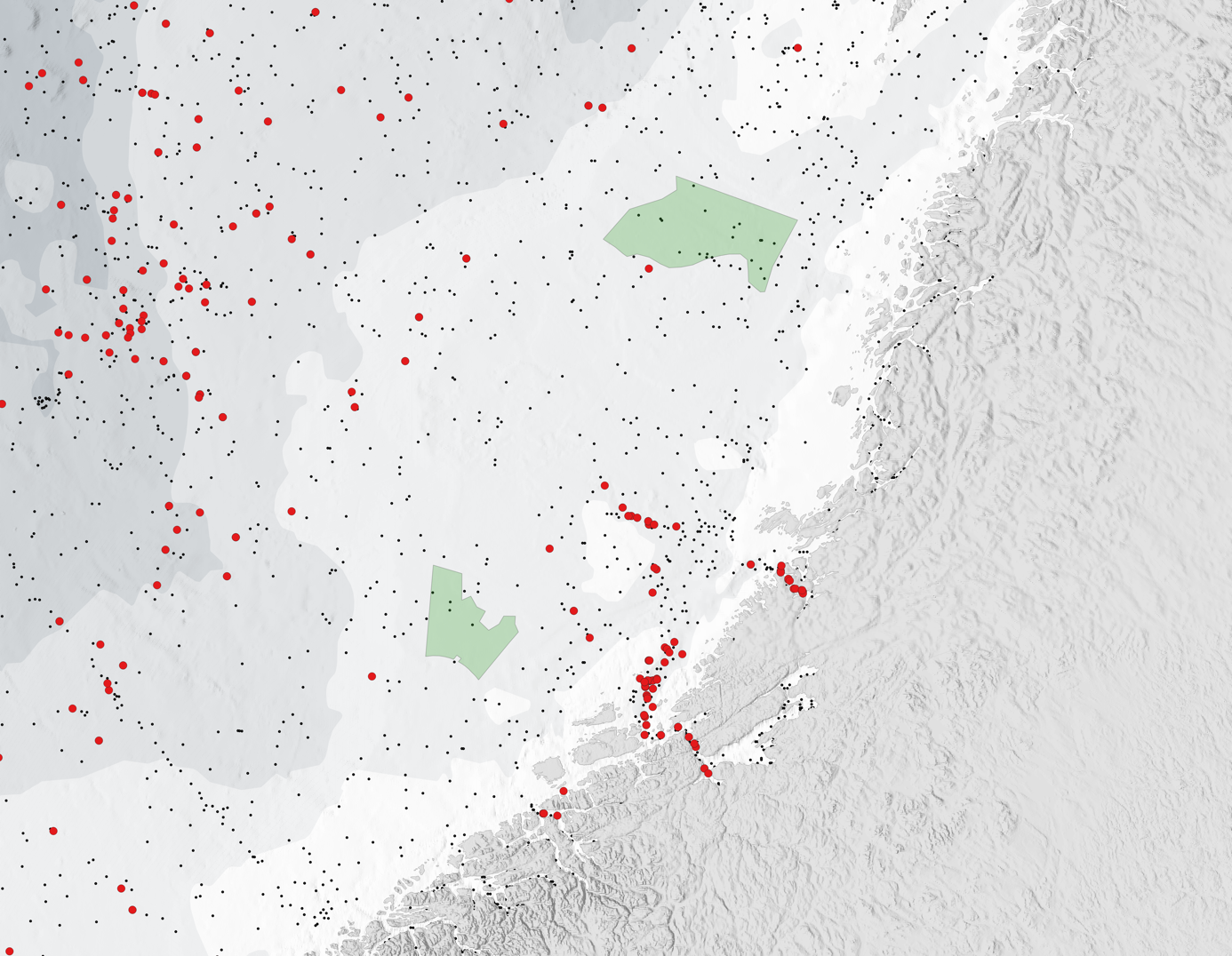 Kart over kysten utenfor Midt-Norge hvor fangster av postsmolt er markert.
